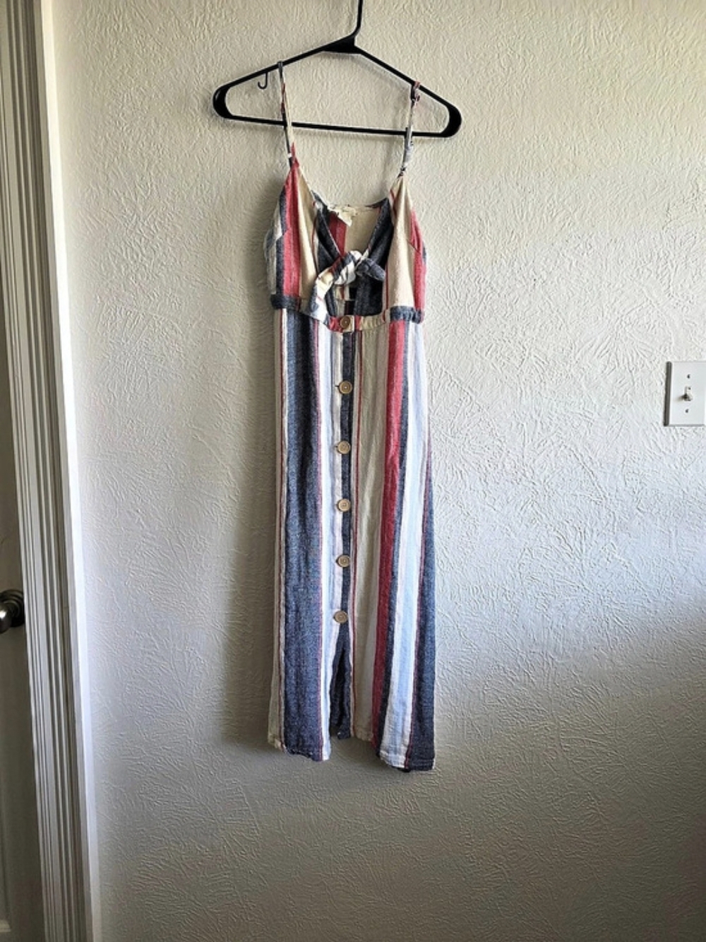 Coastal Grandma Daisy Grace Striped Linen Blend Midi Dress in Red & Blue Size M